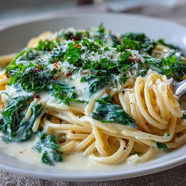 Hearty Creamy Lemon Spinach Spaghetti plated with crusty bread, perfect for an easy weeknight vegetarian dinner.