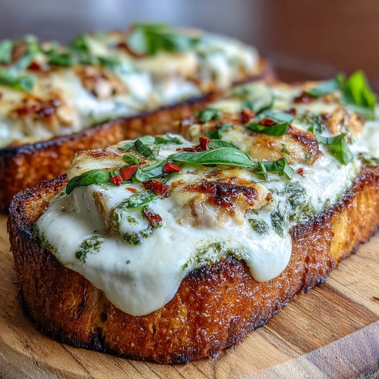Savory open-faced toast featuring tender chicken slices, zesty basil pesto, and melted burrata on a crunchy sourdough base.