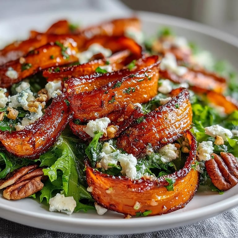A vibrant Roasted Carrot Ribbon Salad with tender roasted carrots and crunchy toasted pecans on mixed greens.  