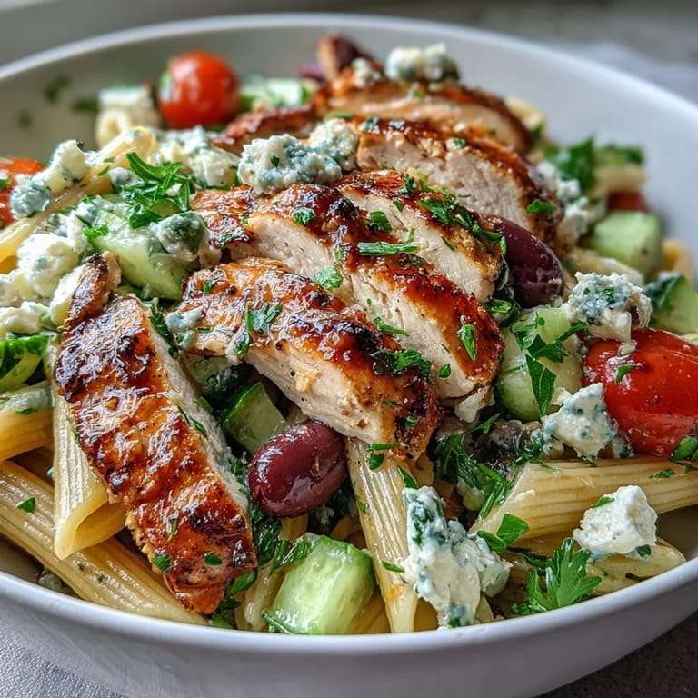 Enjoy this colorful Greek Chicken Pasta Bowl, bursting with fresh veggies and zesty lemon.