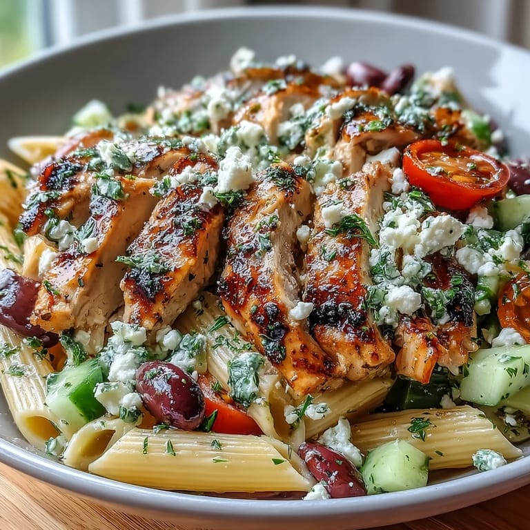 Savory Greek Chicken Pasta Bowl, a refreshing, easy weeknight meal with crumbled feta.