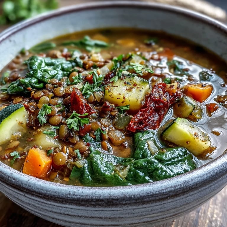 Close-up of savory Lentil and Vegetable Soup with zucchini and red bell pepper in a rustic pot.