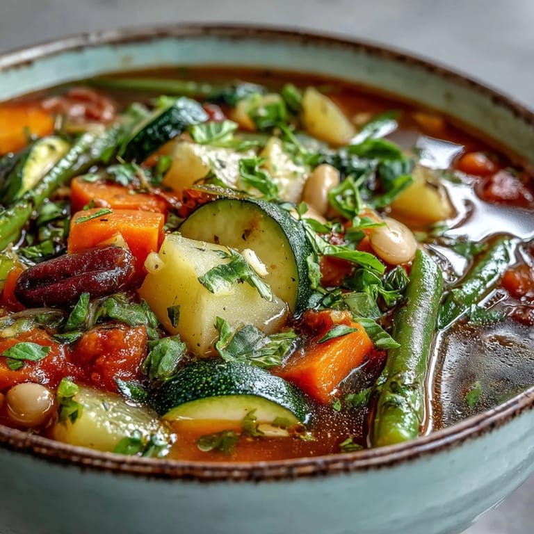 A hearty Minestrone Vegetable Soup in a rustic bowl, featuring tender beans, seasonal vegetables, and a side of red wine for pairing.