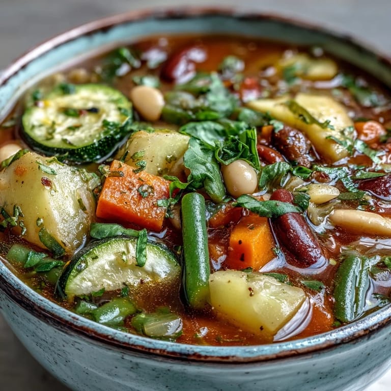 Steaming Minestrone Vegetable Soup simmering with diced carrots, zucchini, and pasta, topped with fresh basil for a vibrant, herbaceous finish.  