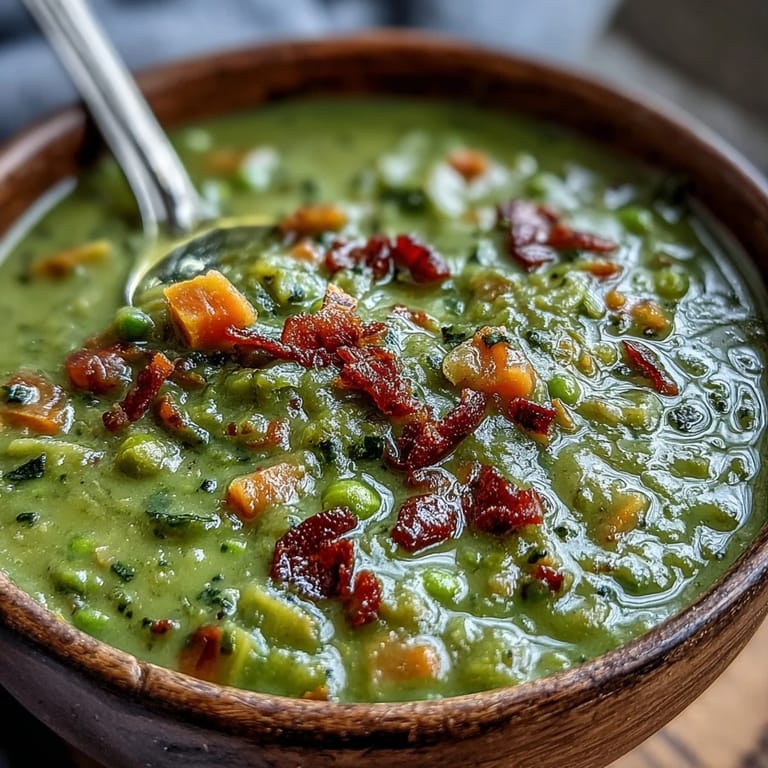 Golden split pea soup with diced carrots and potatoes, ready to serve with crusty bread on a rustic wooden table.  