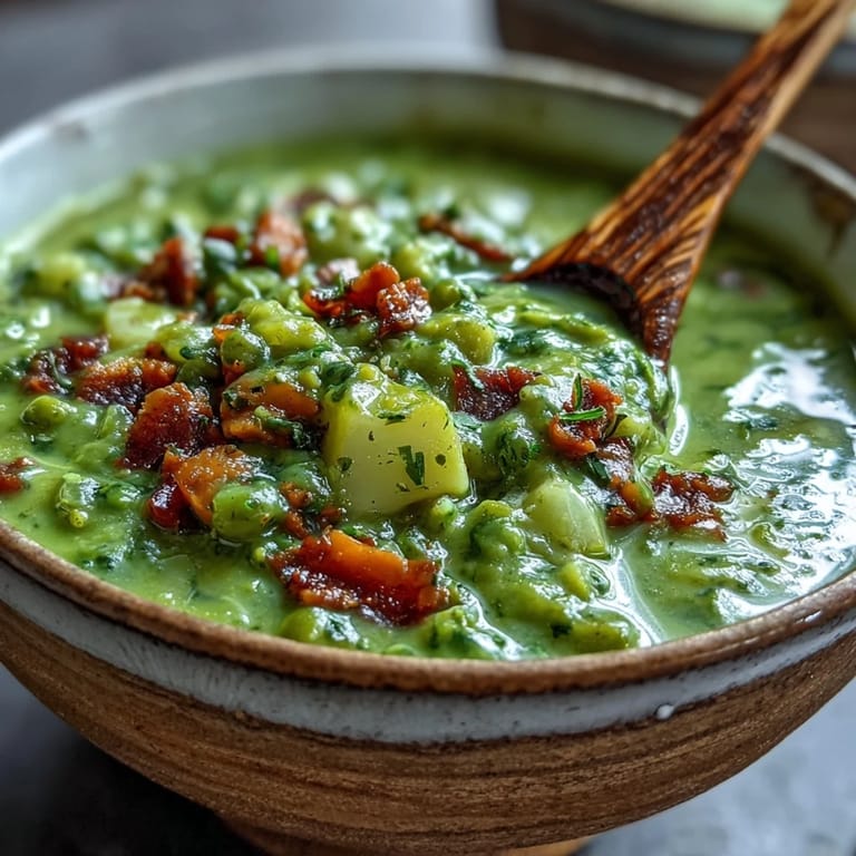 Hearty bowl of traditional split pea soup, featuring smoky ham and tender vegetables, perfect for a cozy, family-style dinner.