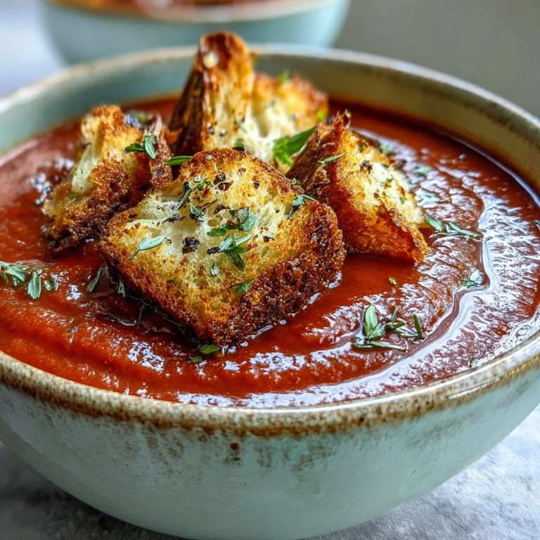 Close-up of velvety Roasted Tomato Soup topped with crunchy, garlic-seasoned croutons, perfect for a comforting, warm meal.