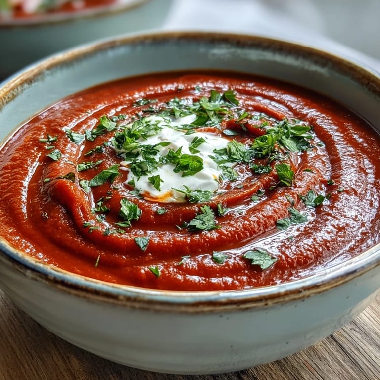 Silky roasted red pepper soup in a white bowl, garnished with herbs and served with crusty bread.  