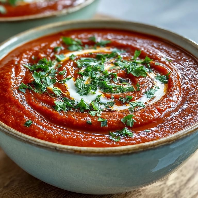 A warm bowl of roasted red pepper soup, its bright orange hue accented by a dollop of crème fraîche.