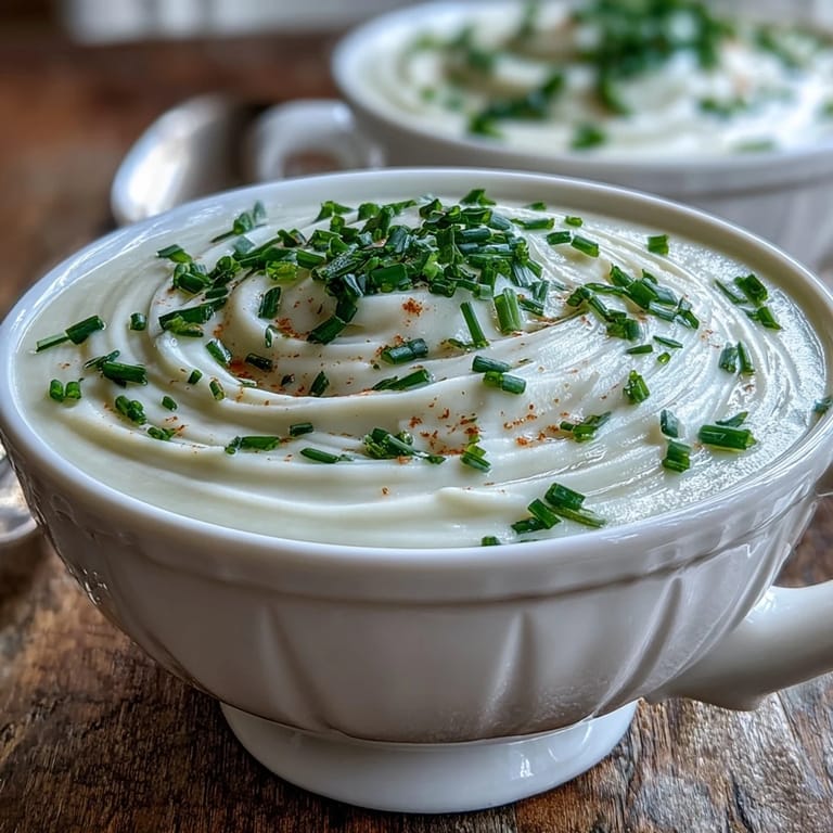 Silky Celery Root Bisque poured into a white bowl, with a swirl of cream and a side of crusty artisan bread.