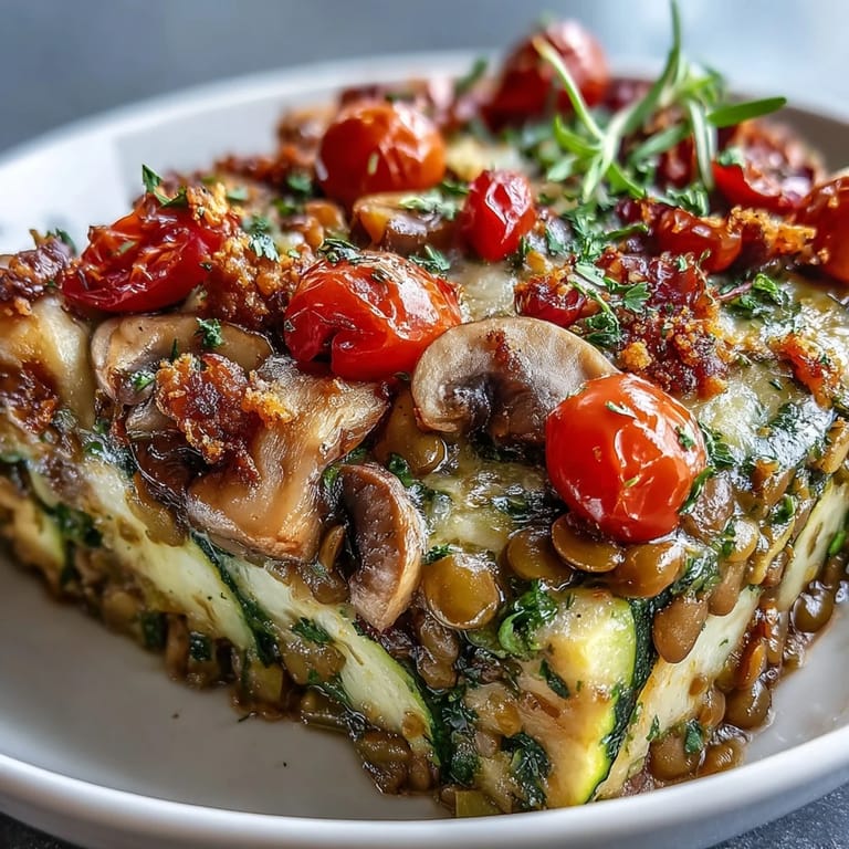 A close-up of Green Lentil and Vegetable Casserole with colorful roasted vegetables and fresh herbs.  