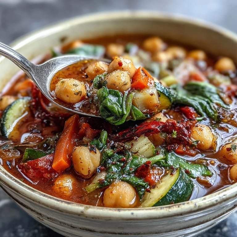 This vibrant Mediterranean Chickpea Stew features chickpeas, carrots, and spinach in a rich, golden broth, ready to enjoy.