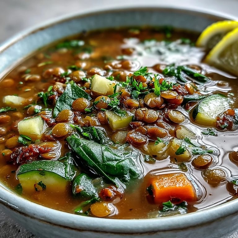 Hearty bowl of lentil soup featuring fresh vegetables and spices, served alongside crusty artisan bread.  