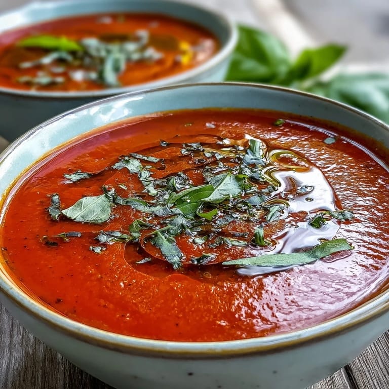 Close-up of silky, smooth Tomato and Basil Soup in a rustic white bowl, with steam rising and fresh basil scattered on top.