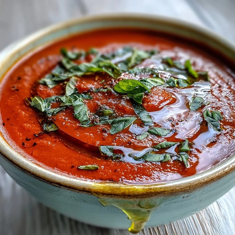 A steaming bowl of vibrant Tomato and Basil Soup garnished with fresh basil leaves and a drizzle of olive oil, paired with crusty bread for dipping.