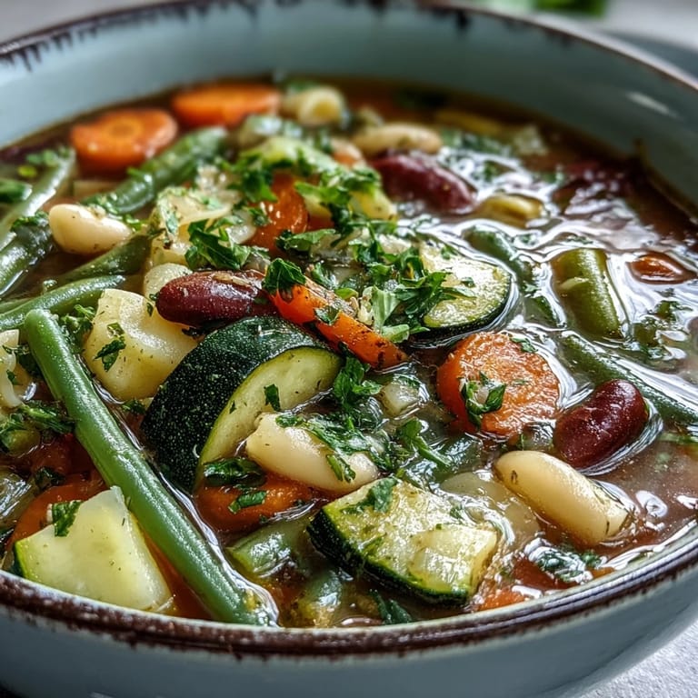 Spoon a hearty serving of Minestrone Vegetable Soup next to crusty bread for a rustic Italian-inspired meal.
