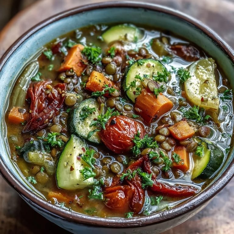 Close-up of tender lentils and caramelized vegetables in a savory broth, perfect for a nourishing weeknight meal.