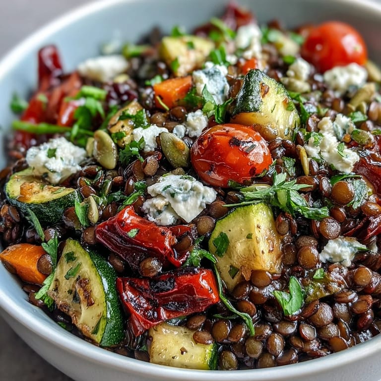 Colorful Black Lentil Salad with roasted red bell peppers and zucchini, topped with crumbled feta and a bright lemon dressing.