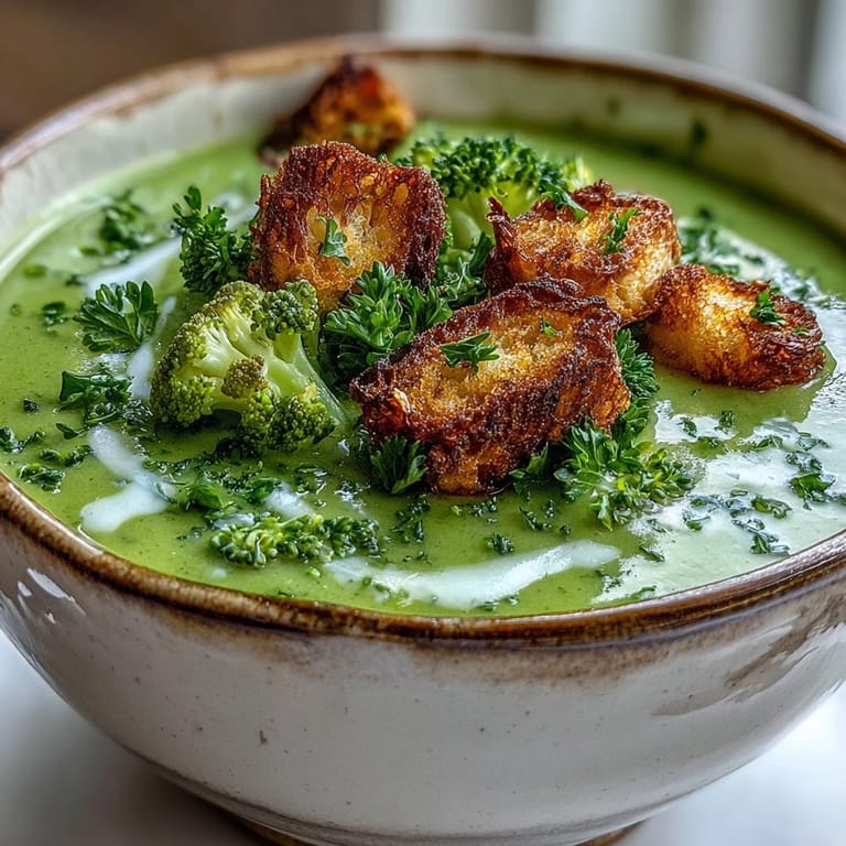 Creamy Cauliflower and Broccoli Soup with crunchy croutons, served hot in a rustic bowl for chilly weather.