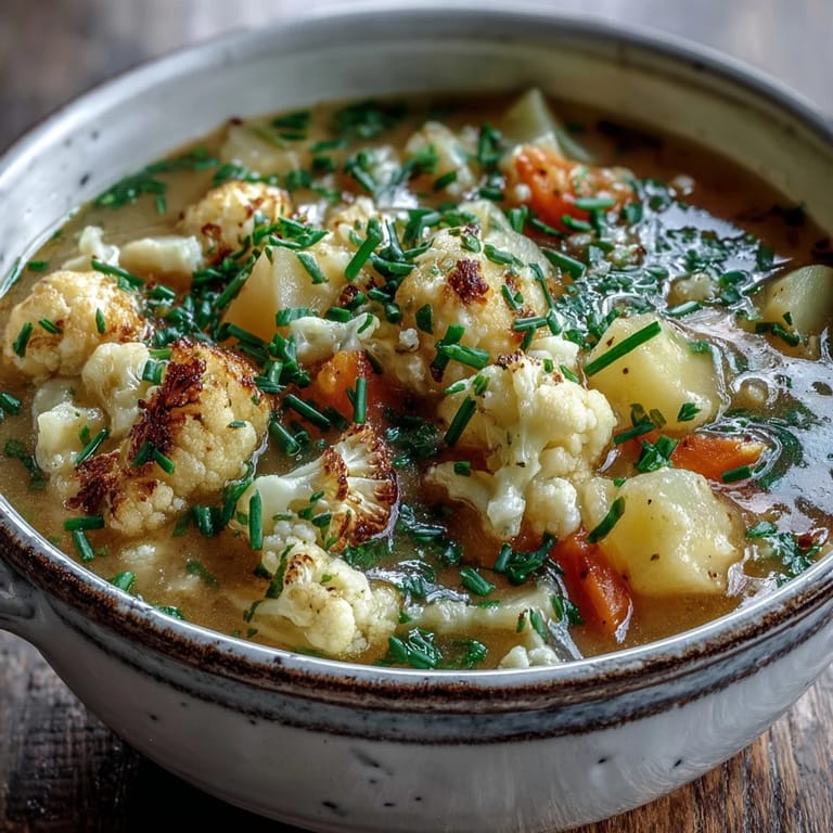 Comforting Vegetarian Cauliflower Chowder served in a rustic mug, perfect for a cozy lunch with crusty bread.
