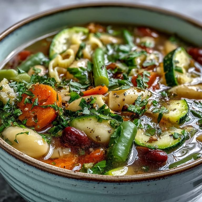 A close-up of Minestrone Vegetable Soup reveals tender beans, ditalini pasta, and fresh parsley garnish.
