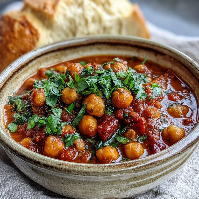 Spicy Chickpea Stew simmering in a pot, releasing steam and showcasing its thick, comforting texture.