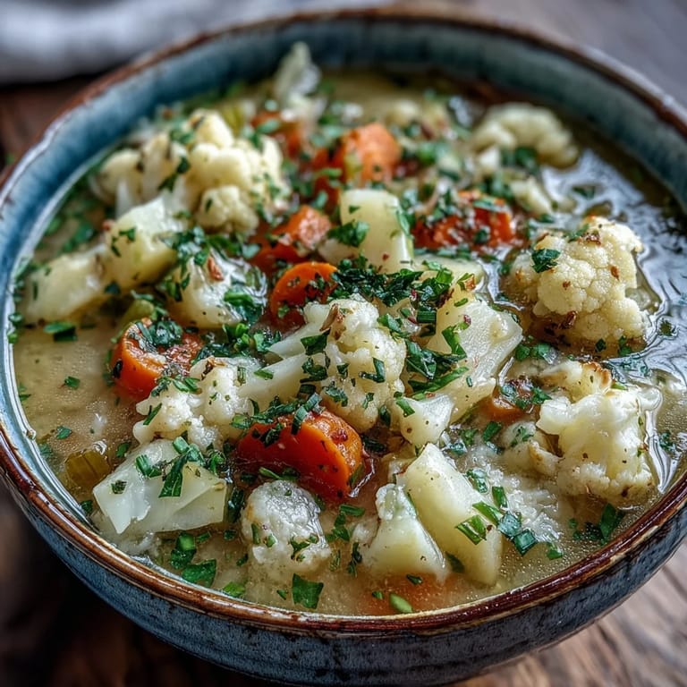 Close-up of a steaming bowl of Vegetarian Cauliflower Chowder, highlighting tender vegetables and thick, savory broth.