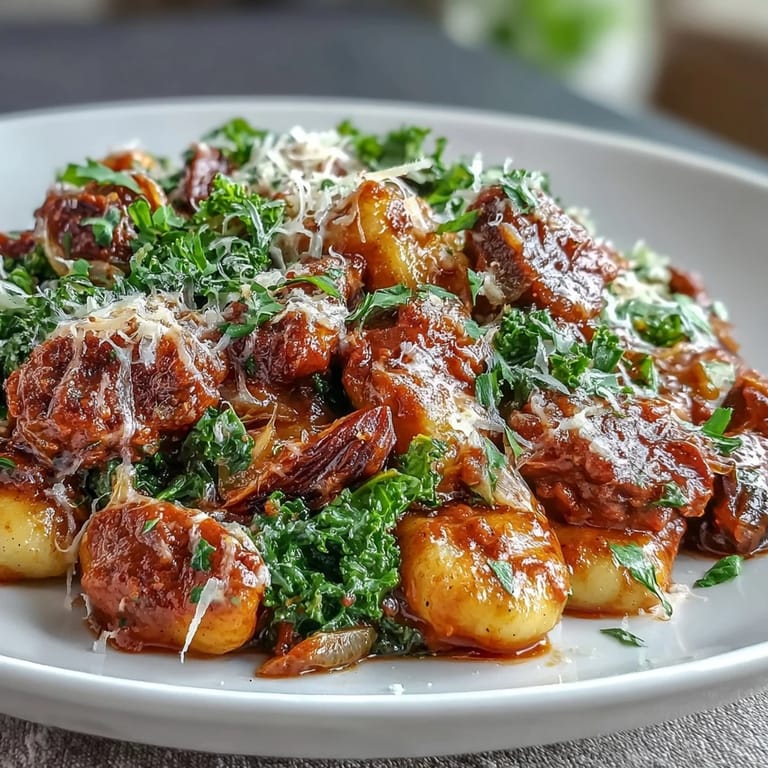A skillet of Sausage Gnocchi tossed with wilted kale and diced tomatoes, paired with a glass of Italian red wine.