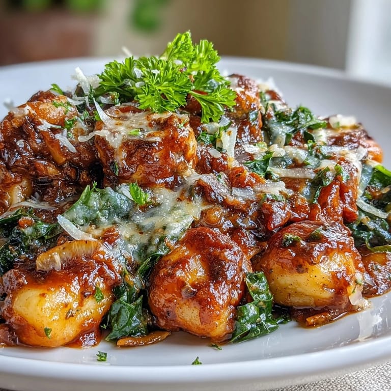 Close-up of golden gnocchi and crumbled Italian sausage coated in a rich tomato sauce with fresh kale and basil.
