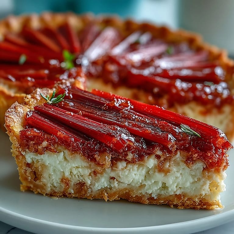 Overhead view of a whole Rhubarb, White Chocolate, and Elderflower tart on a rustic plate with fresh strawberries.