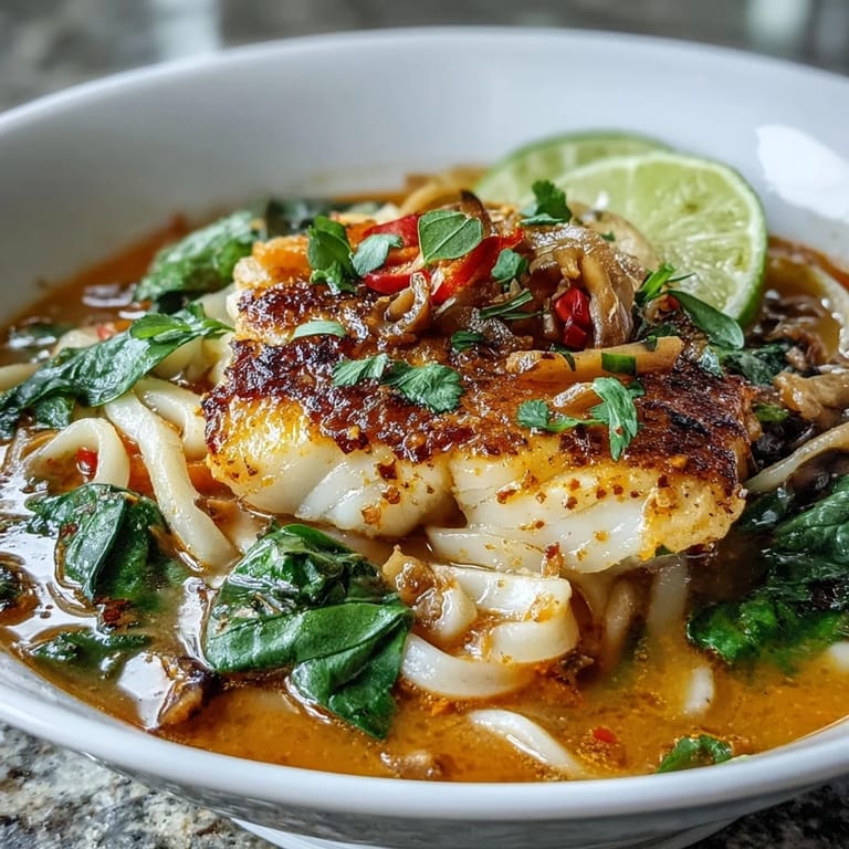 A cozy bowl of Poached Cod with Spiced Coconut Broth and Udon Noodles, garnished with fresh spinach, julienned carrots, and cilantro in a steamy kitchen.