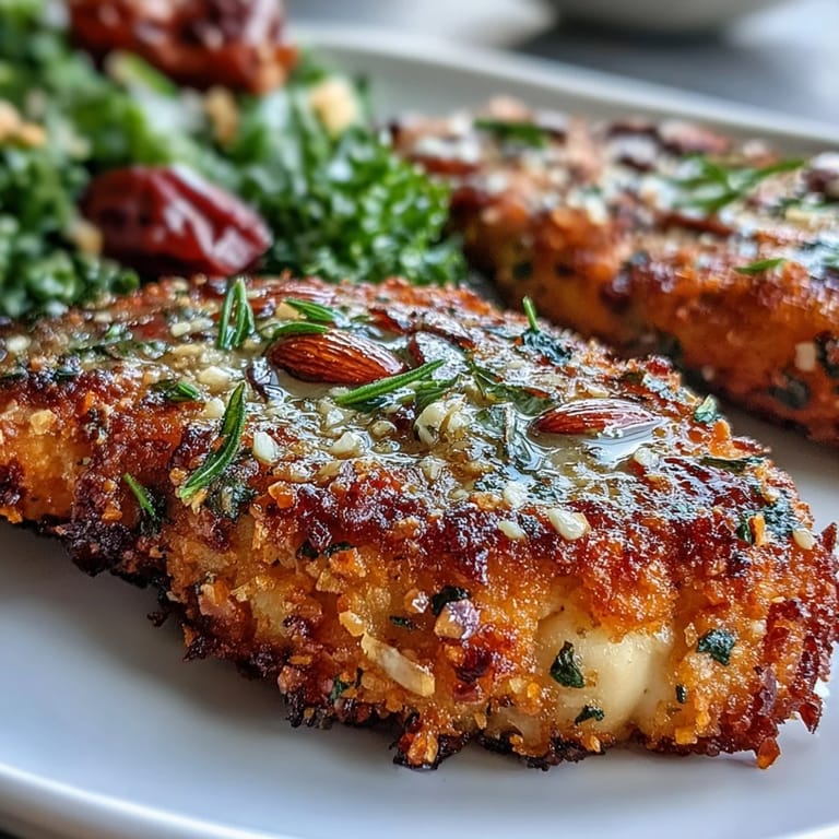 Freshly baked almond-crusted chicken is plated next to a bright kale and sumac salad garnished with toasted almonds.