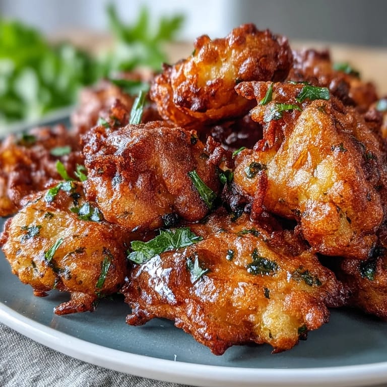 Warm spiced fritters made from cauliflower florets and chickpea flour, ready to dip and enjoy.
