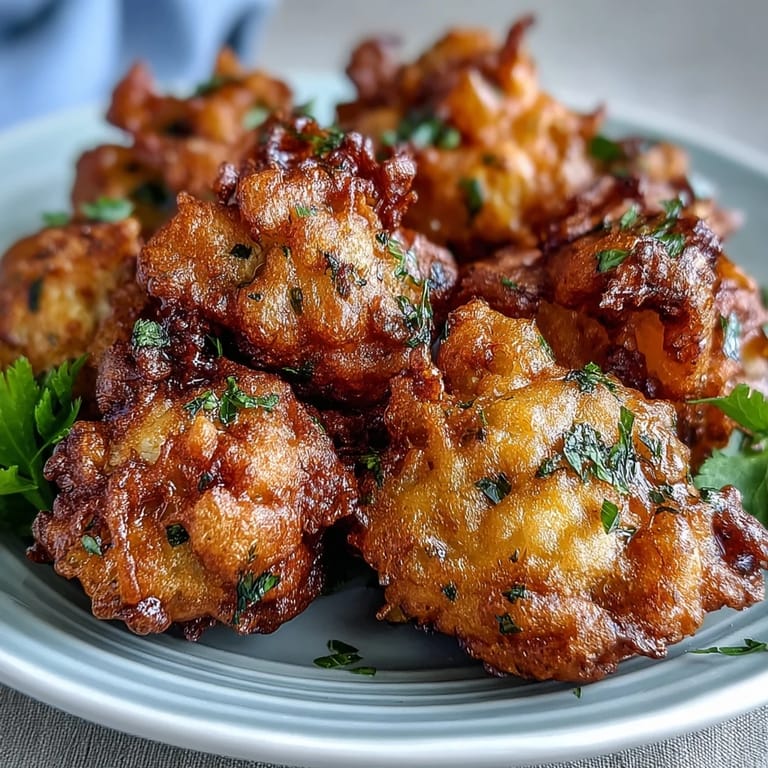 Crisp Indian-style cauliflower bhajis plated with a creamy yogurt sauce for a delicious appetizer.