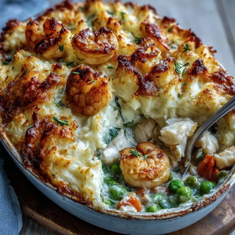 A close-up of Curried Fish Pie shows flaky white fish and shrimp in a rich yellow sauce, topped with buttery mash.