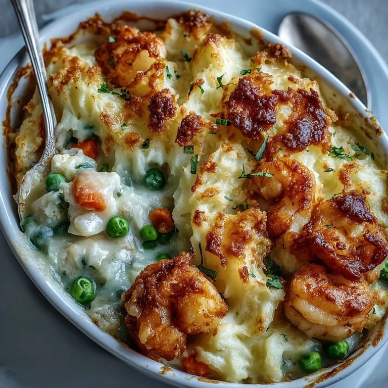 Served in a white dish, Curried Fish Pie features a forkful of curry-spiced fish filling and golden brown potato topping.