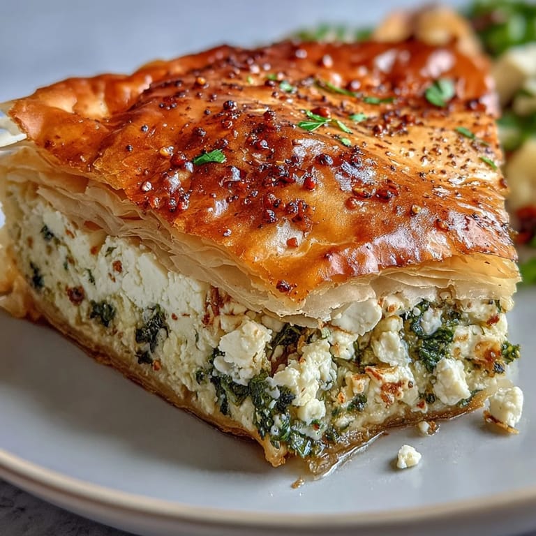 Savory Feta and Kale Börek served warm, revealing a vibrant green filling and crisp edges.