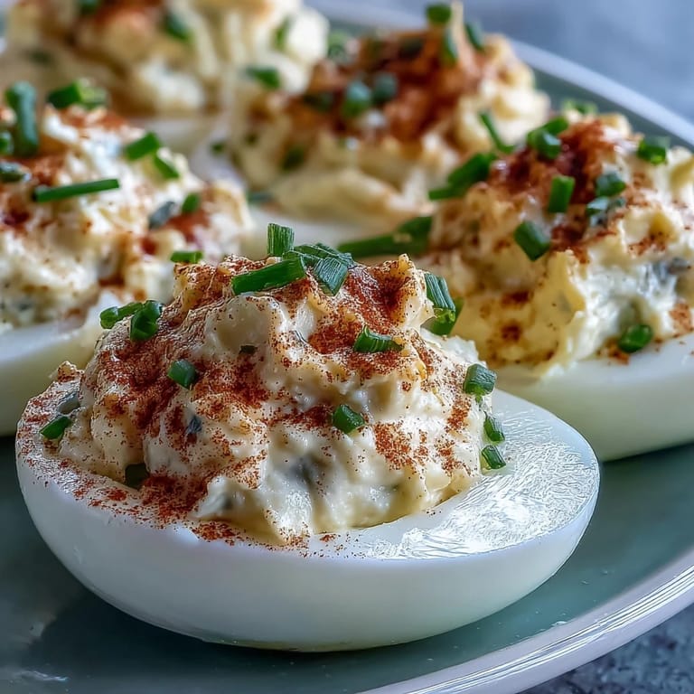 Close-up of Million Dollar Deviled Eggs with textured filling and bright paprika topping.