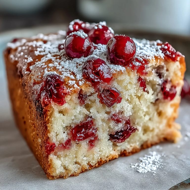 Vivid orange zest flecks and chopped cranberries top a rustic Cranberry Orange Breakfast Cake, dusted with powdered sugar for a sweet finish.