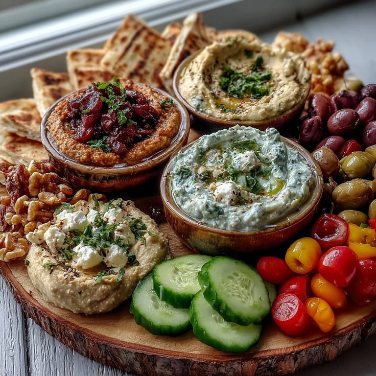 Rustic Mediterranean Brunch Board showcases rich baba ganoush and hummus beside crisp cucumber, cherry tomatoes, and warm flatbread triangles, ready for dipping on a wooden board.