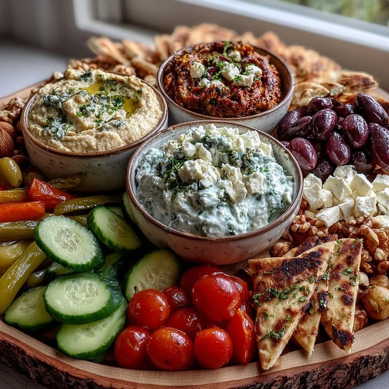 Generous Mediterranean Brunch Board serves six with bowls of tzatziki, olives, feta, and mixed nuts, surrounded by fresh bell peppers and toasted flatbread strips for sharing.