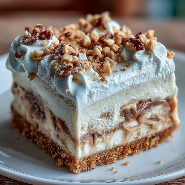Freshly whipped cream and chopped peanuts top a rich slice of Nutter Butter cheesecake on a white plate.