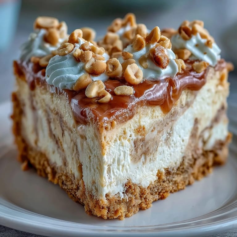 Overhead view of a whole Nutter Butter cheesecake with a cookie crust and peanut butter garnish, ready to serve.