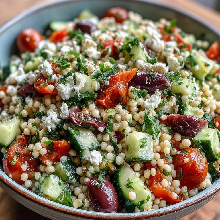 A colorful serving of Mediterranean Pearl Couscous next to a crisp green salad, perfect for lunch.