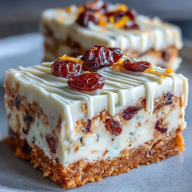 A close-up of a Cranberry Bliss Bar showing buttery crumb, cranberry pieces, and zesty orange frosting.