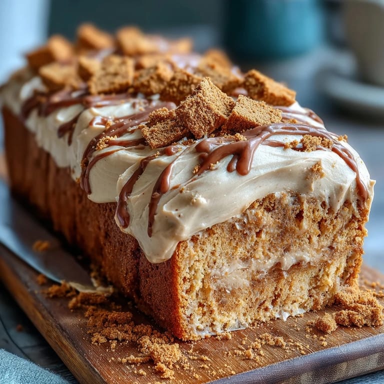 Decadent Baked Biscoff Cake with Creamy Lotus Frosting is dusted with crumbs, showcasing its moist, tender crumb texture.