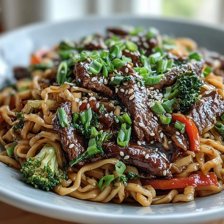 Tender beef and bright vegetables mingle with rice noodles in a skillet, creating a hearty Korean Beef Noodles dinner.