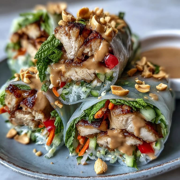 A fork lifts tender shrimp and crunchy vegetables from a hearty Rice Paper Roll Bowl, garnished with chopped peanuts and a side of peanut sauce.