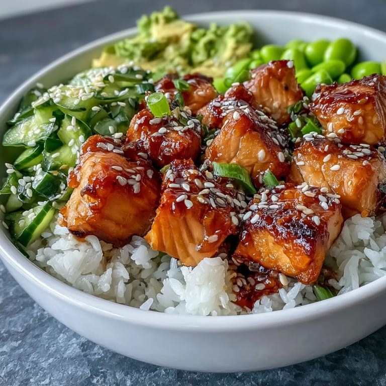Colorful, nourishing Salmon Rice Bowl with baked salmon, jasmine rice, edamame, cucumber, avocado, and spicy sriracha drizzle.
