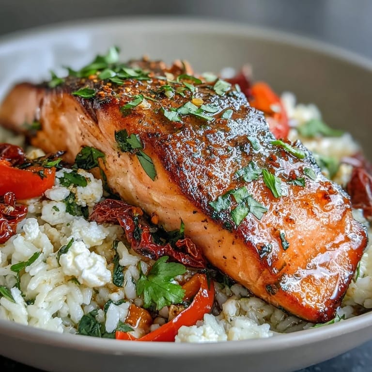 Fresh Mediterranean Salmon Bowl topped with vibrant bell peppers, cilantro, and a lemon wedge.